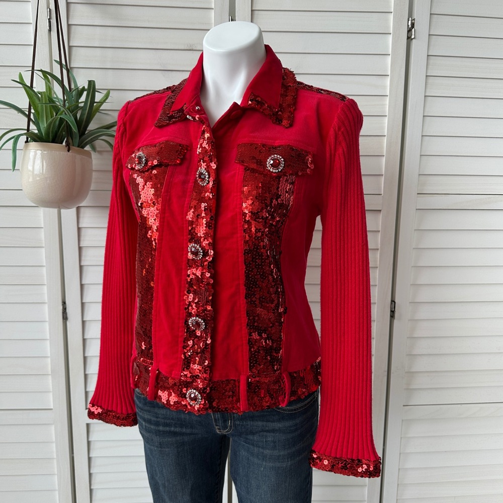 Berek Red Sequin Ribbed Knit Cardigan Jacket Rhinestone Snaps Petite Large PL